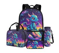 Dngkaoje Animals Dragon School Backpack Set for Kids Boys Girlas Age 6-8,Starry Night Dragon Bookbag with Lunch Bag Pencil Box C 4 in 1 Children Backpack Big Capacity Casual Daypack