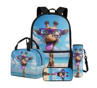 Dngkaoje Animals Giraffe School Backpack for Kids Boys Girs School Bag Set 4 Piece Funny Giraffe Print Bookbag with Insulated Lunchbags Pencil Box Water Bottle Cover for Primary Middle School Bookbag