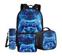 Dngkaoje Art Game School Backpack for Boys Teens 17 Inch Kidsschoolbags Set with Insulated Lunchbox Pencil Case Water Bottle Cover 4 Pack Children Bookbag Large Capacity Rucksack with Side Pocket
