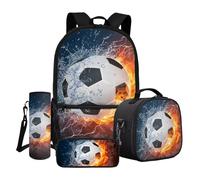 Dngkaoje Boys School Backpack Sets 4 Pcs Flame Water Football Schoobags with Pencil Case Water Bottle Sleeve Lunch Bag with Detachable Shoulder Strap Support Big Capacity Travel Rucksack