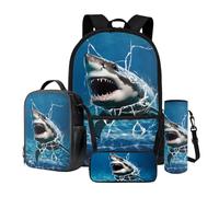 Dngkaoje Boys SchoolBags Sets Animal Shark Print Backpack for Kids Children School Bookbag with Lunchbag Pencil Case Bottle Holder 4 in 1 Ocean Shark School Backpack for Girls Teens Casual Daypack