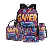 Dngkaoje Cool Gamer Backpack for Boys Schoolbags Set,4 pcs Aesthetic Gaming Print Book Bag with Pencil Case Lunchbox Water Bottle sleeve for Primary Middle School Rucksack Back School Gift Set
