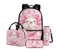 Dngkaoje Cute Axolotl Backpack for School Girls 4 in 1 Kawaii Axolotl Print Schoolbag with Lunchbox Pencil Case Water Bottle Holder for Kindergarten Elementary School Large Capacit Rucksack