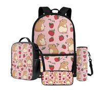 Dngkaoje Cute Capybara School Backpack for Little Girls, Animals Capybara Strawberry Print School Bags Set Kids Bookbag Set with Lunchbox Pencil Bags Water Bottle Holder School Daypack for Children