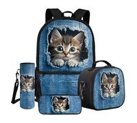 Dngkaoje Cute Denim Cat Bo School Bag Set for Kids Boys Girls Backpack Animals Cat Bookbag with Lunch Bag Pencil Holder Water Bottle Cover 4 Pack Children Back To School Bag Lightweight Rucksack