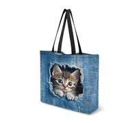Dngkaoje Funny Denim Cat Canvas Tote Bags for Womens Reusable Grocery Bags Animals Cat Shoulder Handbag Ladies Girls Ravel Handbags Funny Shoulder Tote Bag with Inner Pocket
