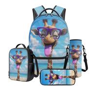 Dngkaoje Funny Giraffe Schoolbag Set for Kid Boy Girls Animal Girafee Backpack for Teens Children Back to School Bookbag with Lunch Box 4 Piece Kids Backpack Set for Primary Middler