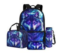 Dngkaoje Galaxy Wolf School Backpack Set for Kids Boys Backpack 10-14 Years Old,Animal Wolf Print School Bookbag and Lunchbox Pencil Case Water Bottle Sleeve for Elementary middle Schoolbags Set