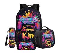 Dngkaoje Gamer Backpack for Boys Schoolbag 4 in 1 Children School Backpack with Aesthetic Gaming Print,Gamer Print Bookbag with Lunch Carrier Bag Pencil Box for Primary Middle School