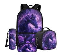Dngkaoje Girls School Backpack Set Animals Horse Schoolbag for Teen Girls with Lunchbox 4Pcs Set,Purple Horse Pencil Case for Girls with Water Bottle Cover Large Capacity Primary Middle School