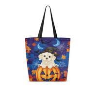 Dngkaoje Halloween puppy Canvas Tote Bags for Womens Reusable Grocery Bags pumpkin dog print Shoulder Handbag Ladies Girls Ravel Handbags Funny Shoulder Tote Bag with Inner Pocket Fashion Handbag