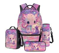 Dngkaoje Kawaii Axolotl School Backpack and Lunchbox Set for Toddler Girls Casual Daypack 4 in 1 Pink Axolotl Schoolbag with Pencil Case Water Bottle Cover Set for Little Girls Travel Rucksack