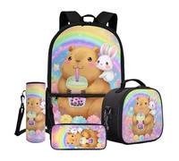 Dngkaoje Little Girls School Backpack Cute Capybara Print Bookbag for School Kids Bookbag 4 Pieces Kindergarten Elementary Casual Daypack Schoolbags Set with Lunch Box Pencil Case Water Bottle Sleeve