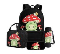 Dngkaoje Mushroom Frog backpack set for school girls boys 4 in 1 animals Frog print schoolbag with insulated Lunchbags Pencil Box Water Bottle cover for Primary Middle School Bookbags