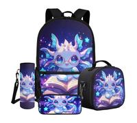 Dngkaoje Neon Cute Axolotl Backpack for School Girls 4 in 1 Kawaii Axolotl Book Bag Set with Lunch Bag Pencil Case Water Bottle Holder Children Back to School Daypack for Elementary School