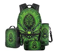 Dngkaoje Neon Spider School Bag Set for Children Boys Girls Green Spider Backpack for Kid Boys Girls Age 6-8 Big Capacity Bookbag with Lunch Box Water Bottle Bag Pencil Case for Primary School