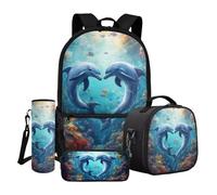 Dngkaoje Ocean Blue Dolphin Print Bookbag Boys Girls Backpack for Schoolinsulated Lunchbox Pencil Holder Water Bottle Cover 4 Pcs Children School Bag Animals Dolphins Print Large Travel Rucksack