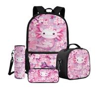 Dngkaoje Pink Axolotl Backpack for School Kids Girls Bookbag with Lunch Box Pencil Case Water Bottle Cover 4 in 1 Cute Axolotl Schoolbags Set for Kindergarten Elementary Cute Travel Rucksack