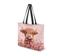 Dngkaoje Rose Highland Cow Canvas Tote Bags for Womens Tote Purse Pink Foldable Shopping Bag for Travel Funny Shoulder Handbag Ladies Shopping Handbags Large Duffle Bag Dirty Clothes