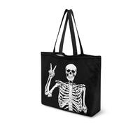 Dngkaoje Skull Skeleton Printed Large Canvas Tote Bag Women Reusable Grocery Bags Foldable Lightweight Cellphone Shoulder Handbags Large Wallet Handbags Ladies Shopping Handbags with Inner Pocket