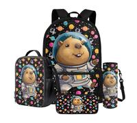 Dngkaoje Space Capybara School Backpack for Kids Boys Girls 4 in 1 Animals Capybara Schoolbag with Lunch Box Pencil Case Water Bottle Cover Large Capacity Primary Middle School Bookbag