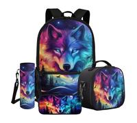 Dngkaoje Starry Night Wolf Schoolbag Set for Teens Boys 4 in 1 Galaxy Wolf Schoolbags Set with insulated Lunchbox Pencil Case and Water Bottle Sleeve Big Capacity Children Back to Bookbags Set