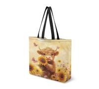 Dngkaoje Sunflower Highland Cow Canvas Tote Bags for Womens Reusable Grocery Bags Animals Highland Cow Shoulder Handbag Ladies Girls Ravel Handbags Funny Shoulder Tote Bag with Inner Pocket