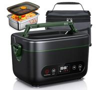 Dnin Cordless Electric Lunch Box, Battery Powered Heated Lunch Box, 1.2 Liter Food Insulated Lunchbox with Fork and Spoon Insulated Carrying Pouch for Office, Truck, Outdoors (Black+Green)