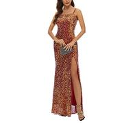 Dninmim Ladies Sexy Backless Sequined Evening Dress Summer Suspender Wedding Dress Bridesmaid Bodysuit Red Gold