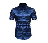 Dninmim Men's Navy Blue Silk Satin Short Sleeve Dress Shirt Summer Casual Regular Fit Tuxedo Shirt