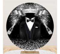 dnldliq 7.2ft Gentleman Black Tuxedo Round Backdrop Cover Silver Glitter Champagne Photography Background Boy Man Father Birthday Party Decor Photo Booth Props