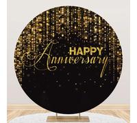 dnldliq 7.2ft Happy Anniversary Round Backdrop Black and Gold Glitter Wedding Anniversary Photography Background Women Birthday Party Decor Studio Photo Props
