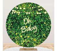 dnldliq 7.2ft Oh Baby Round Backdrop Cover Green Leaf Photography Background Baby Shower Girls Birthday Party Decor Photo Studio Prop