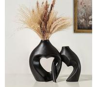 Dnnnii Black Ceramic Vase Set of 2 for Home Decor, Boho Round Centerpiece for Dining Room Table,Heart-Shaped Vases for Flowers,Living Room Table Decor with Pampas Grass Vases & Nordic Aesthetic Touch