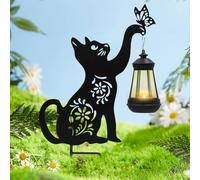 Dnoifne Metal Cat Stake with Solar-Powered Light, Outdoor Solar Decorative Cat Stake, Black Cat Holding Solar Lantern Decor Stake for Outdoor Garden Lawn Yard