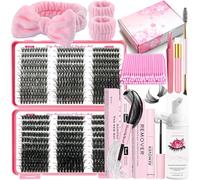 DNSGOOR DIY Lash Extension Kit 590Pcs 9-18mm D Curl Lashes Clusters with Lash Bond and Seal Glue Remover Lash Shampoo Cleansing Brush Headband Wristband Tweezers Eyelash Brush Applicator (LASH01)