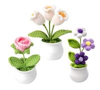 DNTHYRIN 3Pcs Crochet Flowers, Knitted Flowers Crochet Plant Set, Purple Puff Tree, White Lily of the Valley, Pink Rose Arrangement, Handmade Floral Display for Home Decor