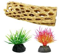 DNTHYRIN 3PCS Shrimp Hide, Aquarium Caves and Hides for Small Aquatic Creatures, Long Resin Shrimp Cave with Green and Pink Aquatic Plants, Three Piece Set for Fish Tank Decoration