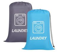 Dntorx 2 Pack Large Travel Laundry Bags, 24" x 36" Heavy Duty Dirty Clothes Bags with Drawstring Machine Washable Reusable, Easy Fit a Laundry Basket or Hamper for Home, Travel, Camping (Blue + Grey)