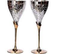 DnU Avenue Silver Plated Brass Wine Goblets with Red Velvet Gifting Box, Brass Champagne Flutes, Engraved Wine Cups, Couple Wine Glass Set, 8x3” (Set of 2)