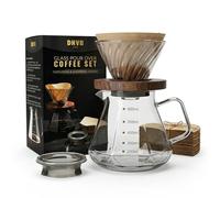 DNVB SHOP Glass Pour Over Coffee Maker Set - 600ml Geometric Carafe with Walnut Base, Swirl Glass Coffee Dripper & Paper Filters. Thermal-Shock Proof, Food-Safe Drip Coffee Kit for Home Barista