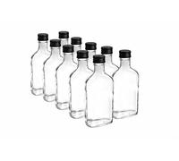 Do It At Home 10 x Flask Glass Bottles 200 ml (0.2L) & Metal Screw Caps (Twist on Lids) - Home Brewing Gin Oil Vinegar Wine Vodka (Black Screw Caps)