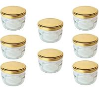 DO IT AT HOME Clear Glass Jars with Airtight, Leakproof Gold Lids - 8x 250ml (8.5 oz) - Empty Storage Containers for Homemade Jam, Jelly, Honey, Spices, Canning & Preserving