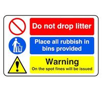 Do Not Drop Litter Place All Rubbish in Bins - safety sign - 1.2mm Rigid plastic for indoor/outdoor usage (400mm x 300mm) Viewing Distance within 14m.