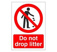 Do not drop litter prohibition safety sign - Self adhesive vinyl sticker 100mm x 140mm - Warns that an activity is not permitted (1)
