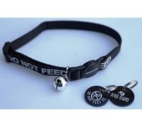 DO NOT FEED REFLECTIVE SAFETY CAT COLLAR BLACK & PERSONALISED TAG WITH FISH BONE MOTIF