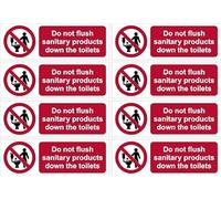 Do not flush sanitary products down the toilet sign - 150x50mm pack of 8 stickers on A4 sheet