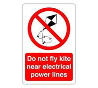 Do not fly kite near electrical power lines : safety signage beech signage - High tack self-adhesive sticker (300mm x 200mm) Viewing Distance within 7m.