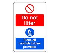Do Not Litter Place All Rubbish In Bins - safety sign - 1.2mm Rigid plastic for indoor/outdoor usage (150mm x 100mm) Viewing Distance within 3m.