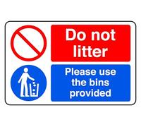Do Not Litter Please Use The Bins Tty - safety sign - High tack self-adhesive sticker (300mm x 200mm) Viewing Distance within 7m.
